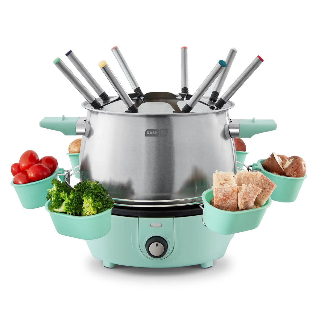 Dash Stainless Steel Deluxe Fondue Maker with Temperature Control Fondue Forks, Cups, and Rack, with Recipe Guide Included, 3-Quart, Non-Stick