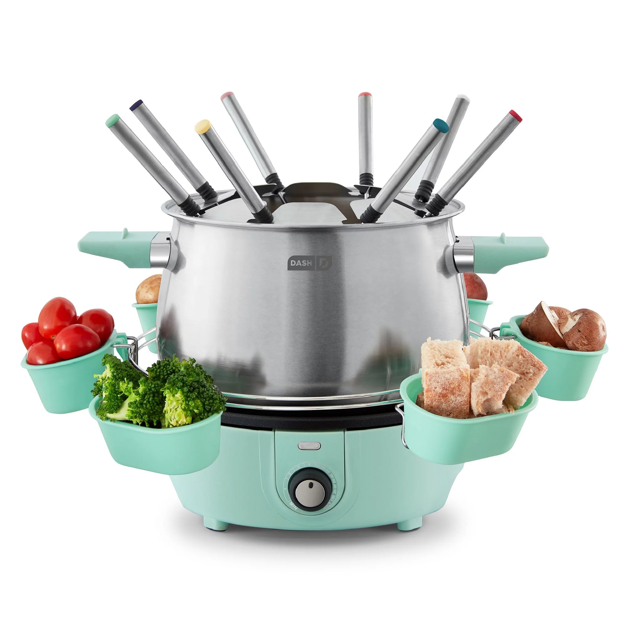 Dash Stainless Steel Deluxe Fondue Maker with Temperature Control Fondue Forks, Cups, and Rack, with Recipe Guide Included, 3-Quart, Non-Stick