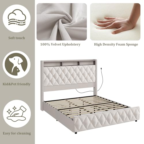 Queen Bed Frame with Tall Headboard, Velvet Upholstered, 4 Storage Drawers U913671