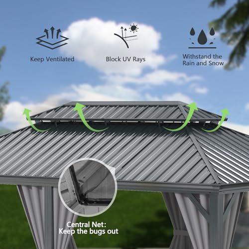 10 x 10 ft Hardtop Gazebo with Netting and Curtains, Galvanized Steel Roof for Patio and Garden X50618