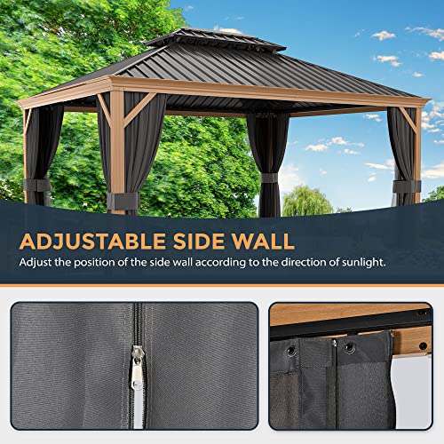 10 x 12 ft Hardtop Gazebo with Netting and Curtains, Double Roof Metal Canopy for Patio I7305