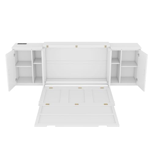 Murphy Bed Chest with Shelves, Foldable Wood Platform Bed Frame I45495