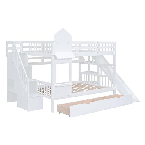Kids Bunk Bed with Stairs and Slide, Twin Over Twin, Gray E77813