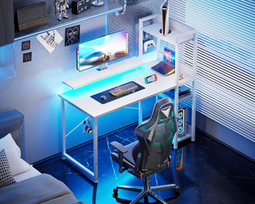 Reversible Gaming Desk with USB Charging Port and LED Lights, 40 Inch Computer Desk with Storage Shelves C134