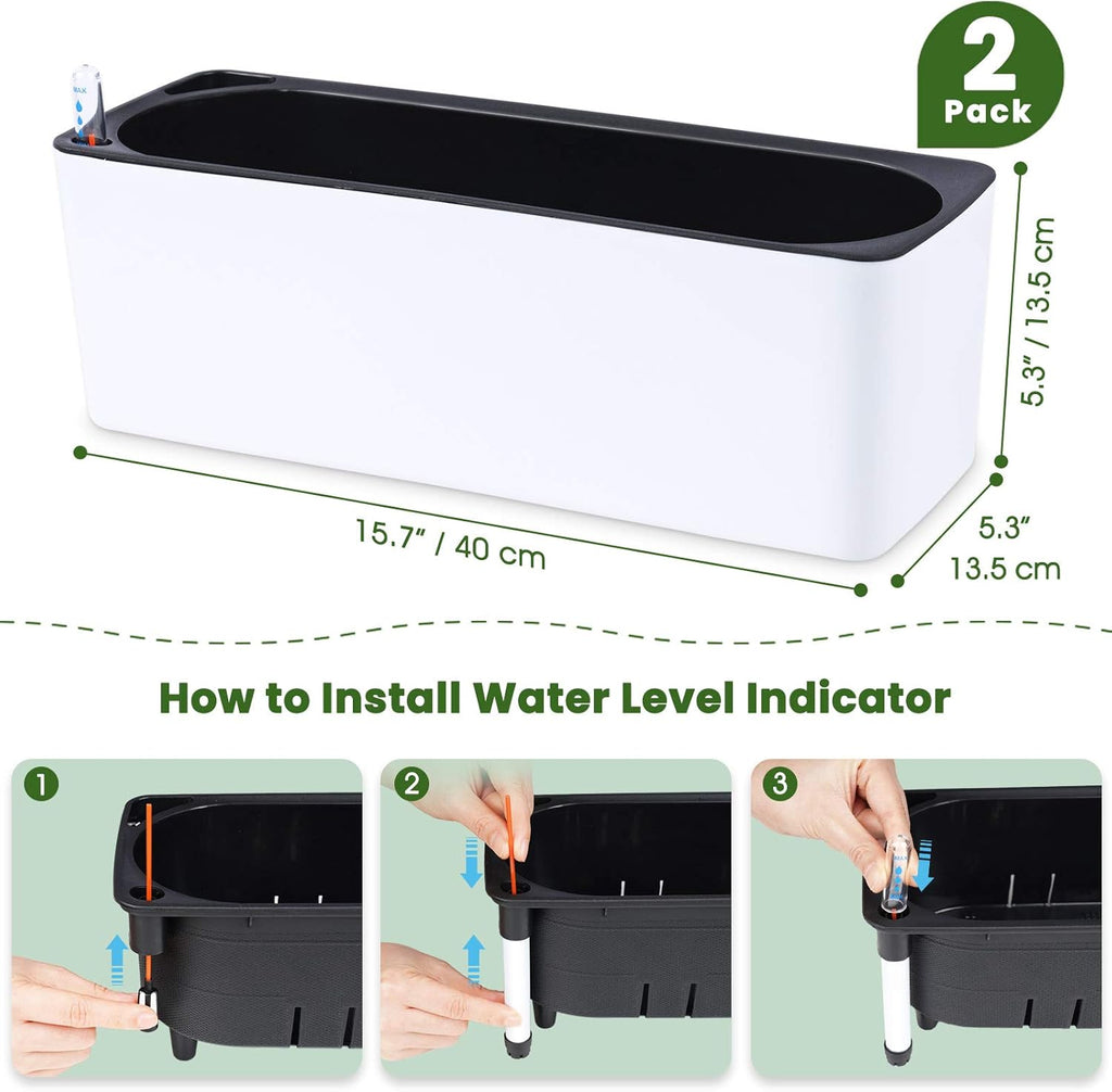 Self-Watering Rectangular Planters for Indoor Herb Garden, 2-Pack with Water Gauge P2110