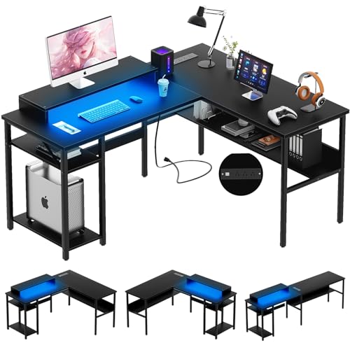 Reversible L Shaped Desk with Power Outlets and LED Light, Corner Computer Desk with Monitor Stand and Storage Shelves, Black D613
