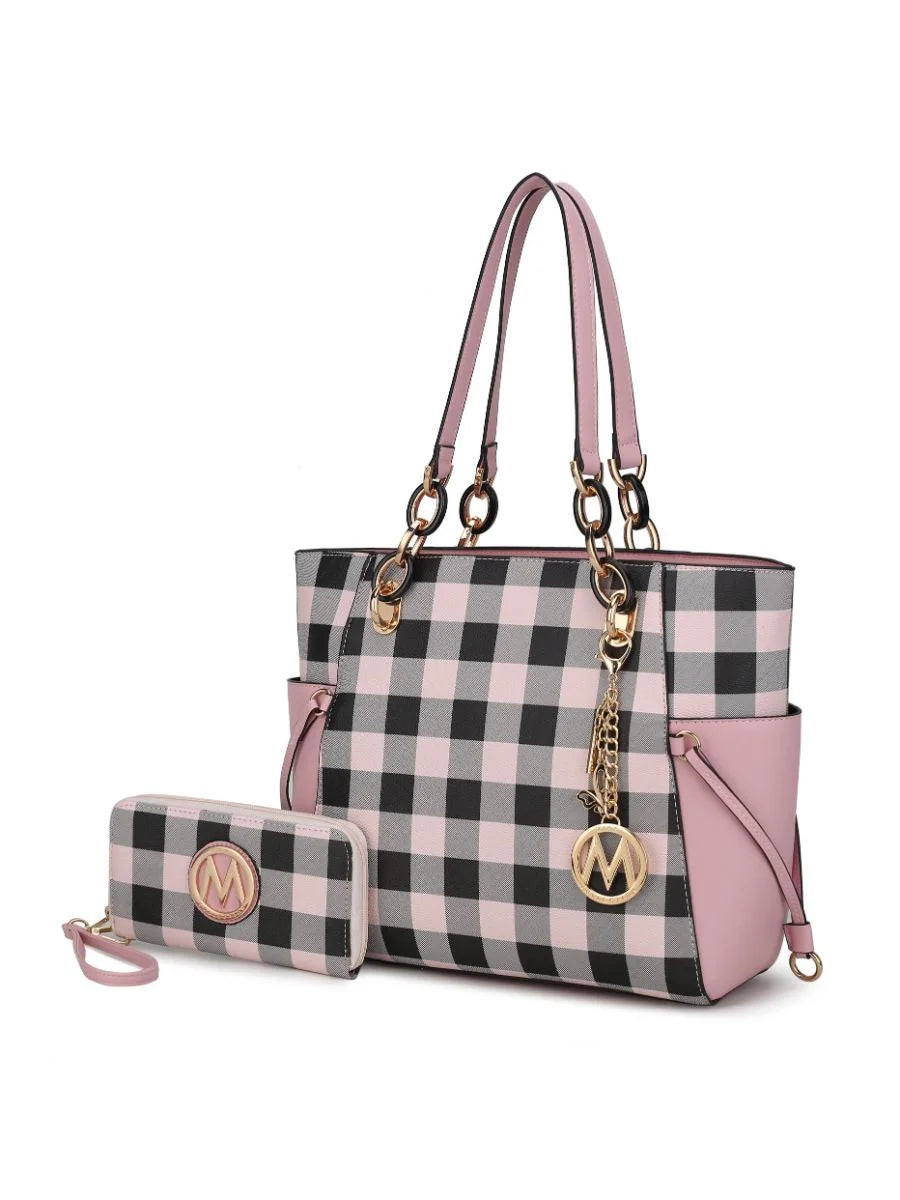 Checkered Tote Handbag with Wallet B8234