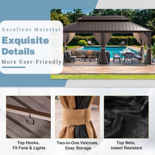 12x16 ft Hardtop Gazebo with Galvanized Steel Roof, Curtains and Netting V821