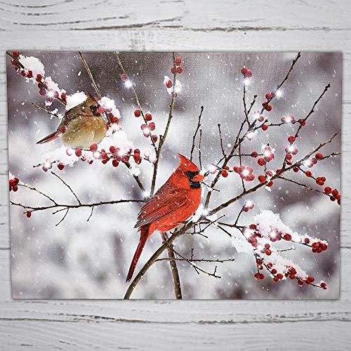 LED Cardinals Canvas Print with Holiday Berries P627