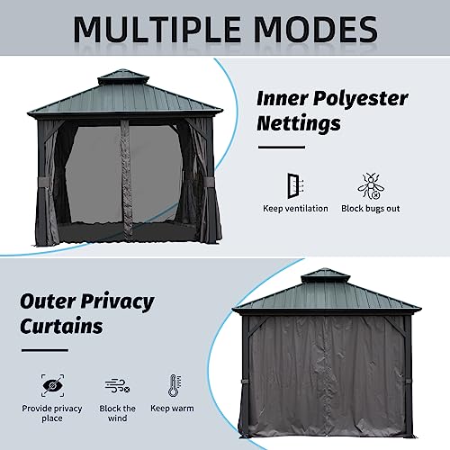 10 x 10 ft Hardtop Gazebo with Netting and Curtains, Galvanized Steel Roof for Patio and Garden X50618