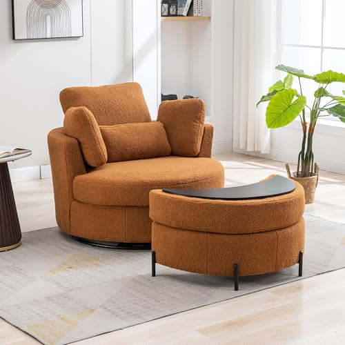 Oversized Swivel Barrel Chair with Ottoman, Chenille, Beige X252712