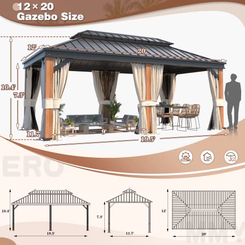 12x20 Hardtop Gazebo Double Roof Galvanized Steel Outdoor Aluminum Frame with Netting and Curtains M3306