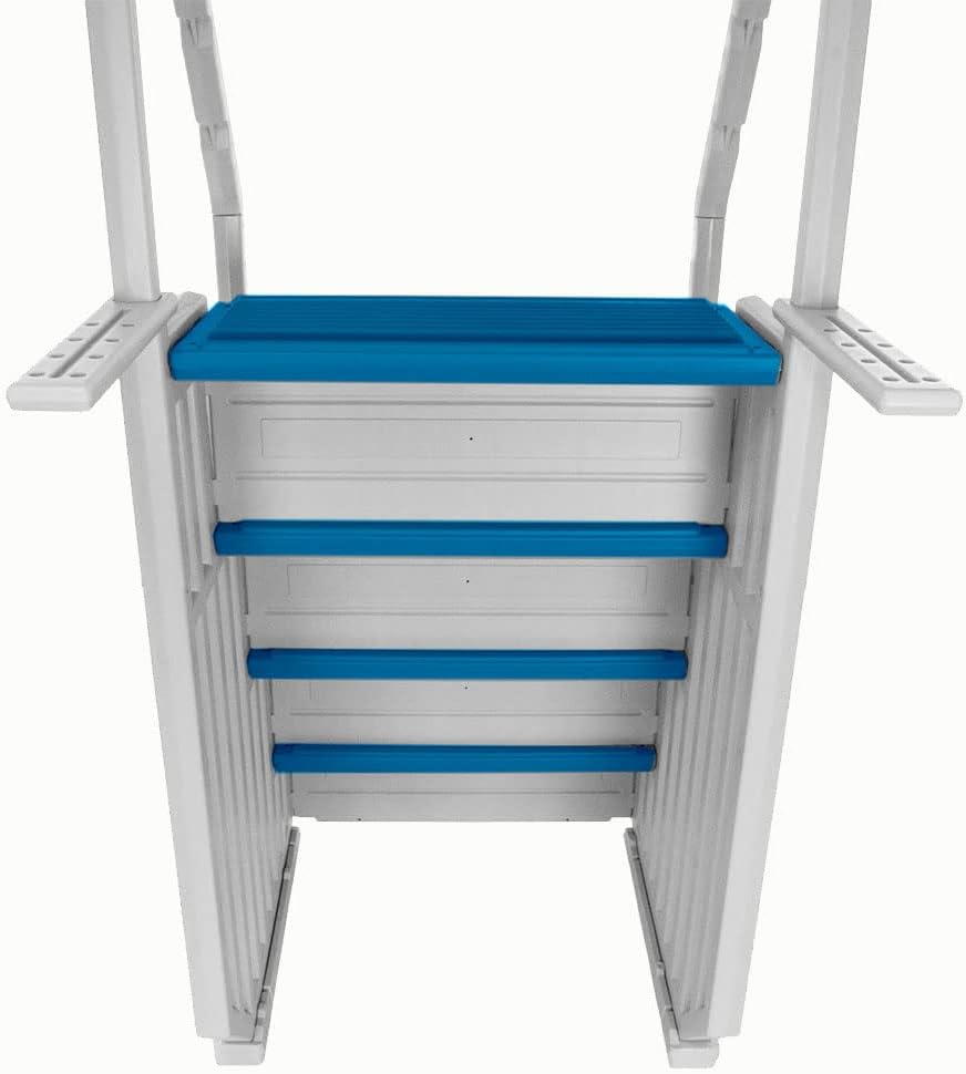 Above Ground Swimming Pool Step & Ladder, Heavy Duty, White Frame with Blue and Gray Steps, Deck Height Up to 60 Inches V291