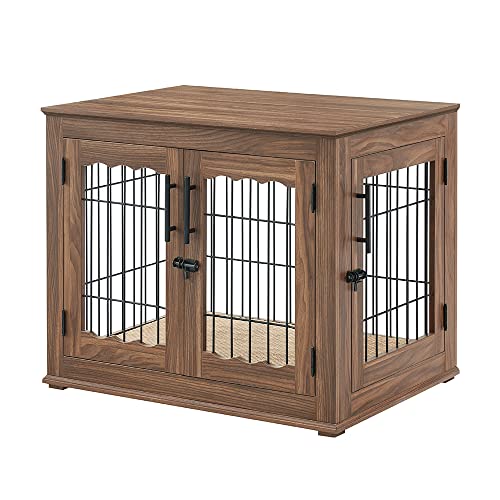 Wooden Dog Crate End Table with Double Doors and Pet Bed T245171