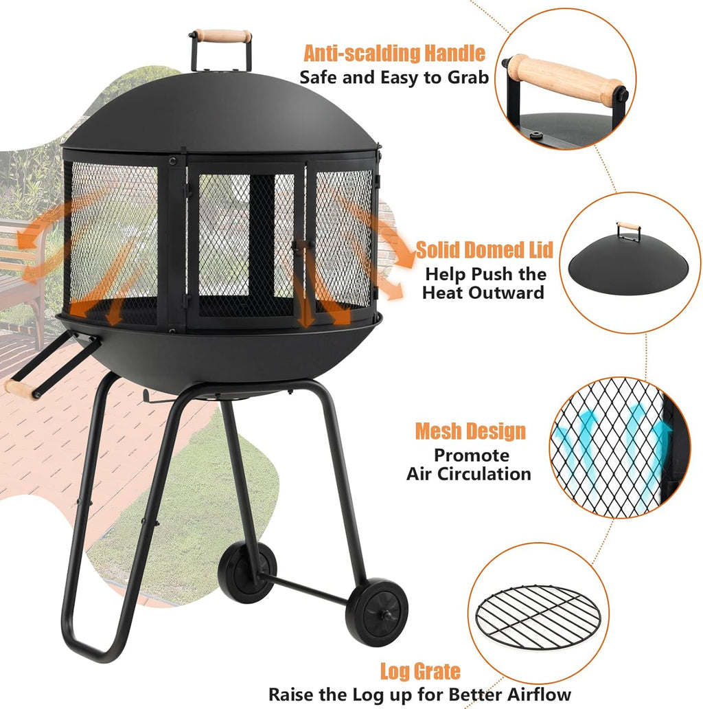 Portable Fire Pit with Wheels, 28 Inch Wood Burning, Black N2023