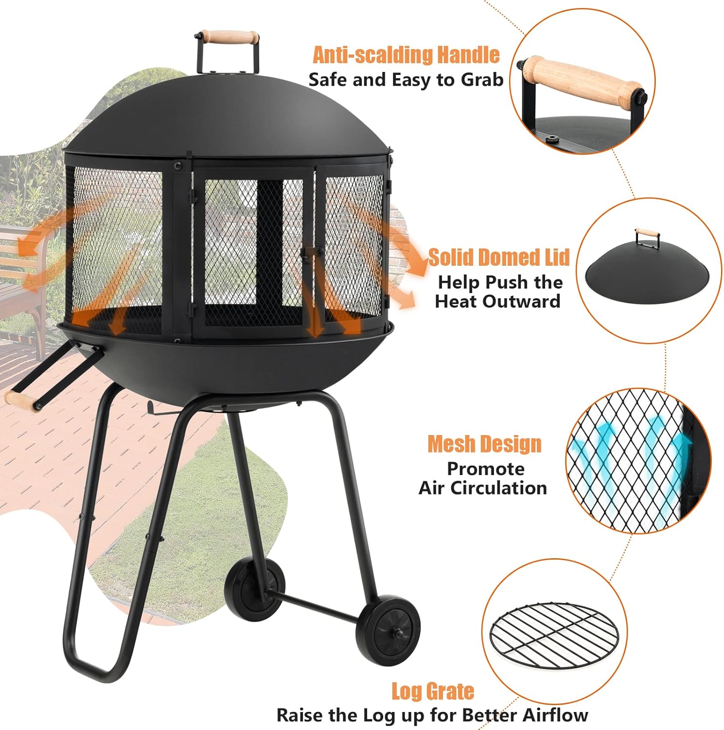 Portable Fire Pit with Wheels, 28 Inch Wood Burning, Black N2023