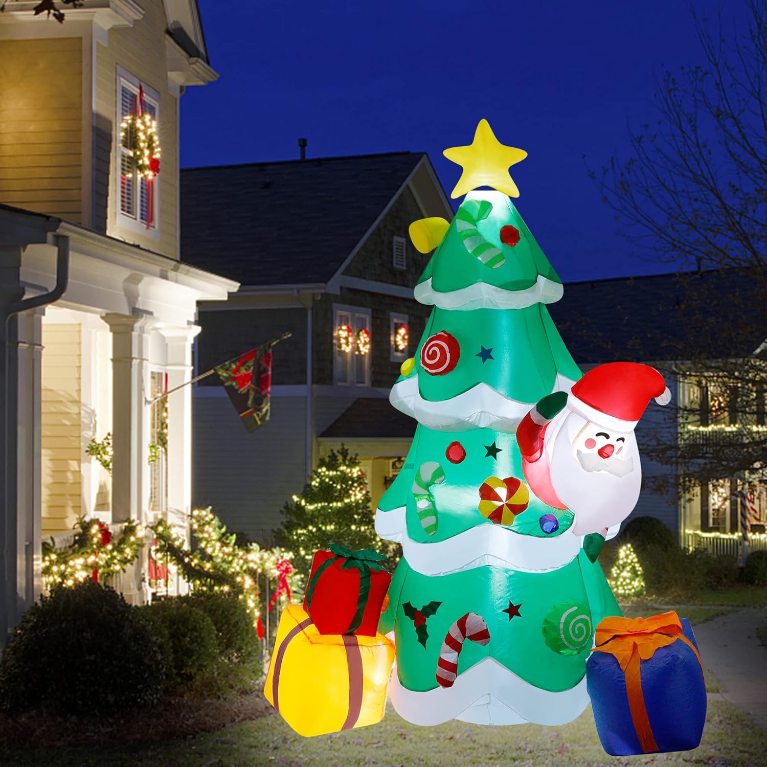 7 ft Inflatable Christmas Tree with Santa Claus Gift Boxes, Built-in LED Lights Q150