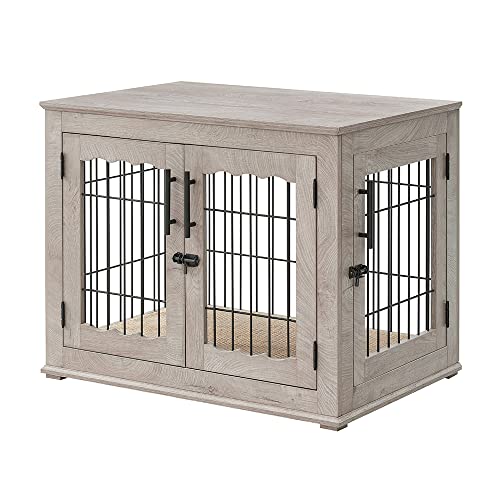 Wooden Dog Crate End Table with Double Doors and Pet Bed T245171