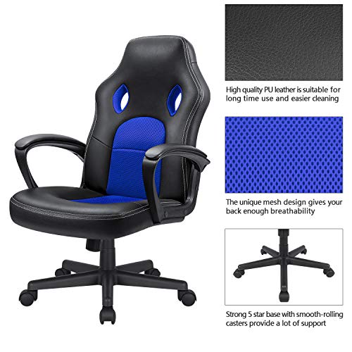 High Back Ergonomic Leather Gaming Chair, Adjustable (Blue) R643180