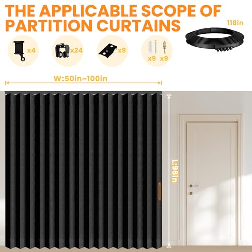 Accordion Room Divider Curtains with Ceiling Track, Grey, W100 x L84 J296