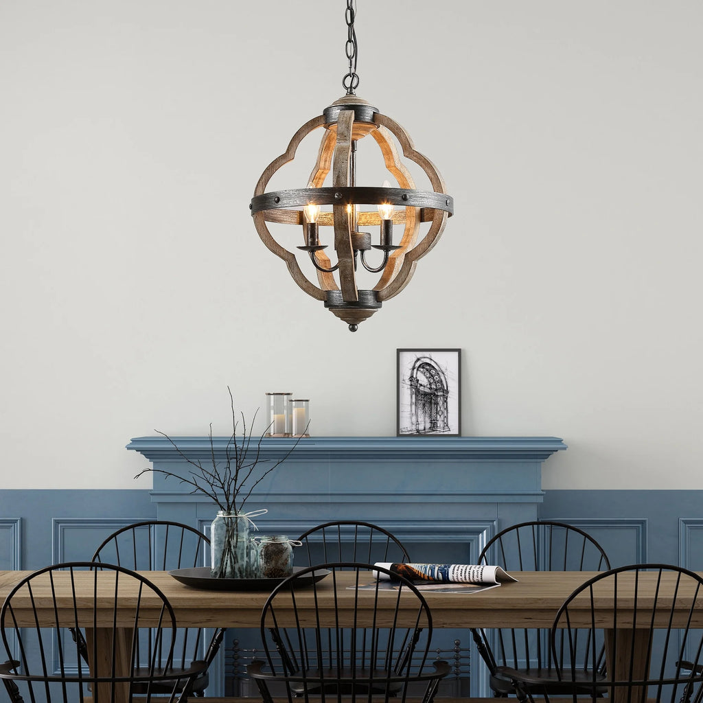 Farmhouse 3-Light Wood Lantern Chandelier for Kitchen Island Dining Room V307352