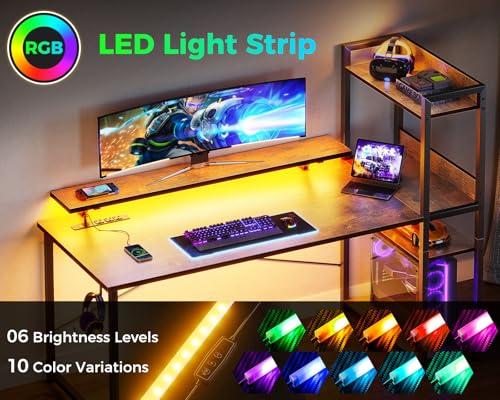 Reversible Gaming Desk with USB Charging Port and LED Lights, 40 Inch Computer Desk with Storage Shelves C134