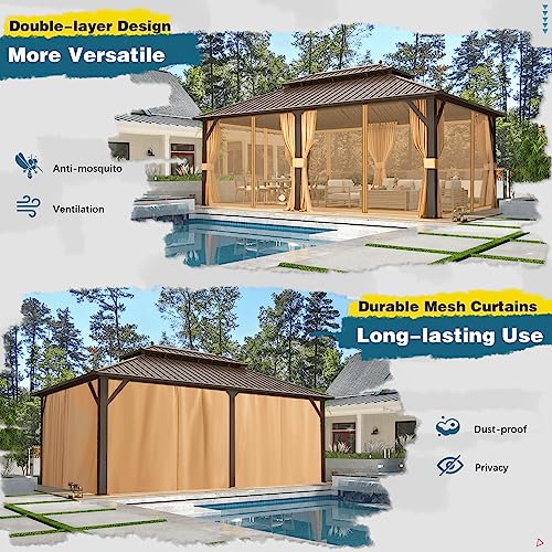 10'x13' Hardtop Gazebo with Polycarbonate Double Roof, Aluminum Frame, Curtains and Netting N263