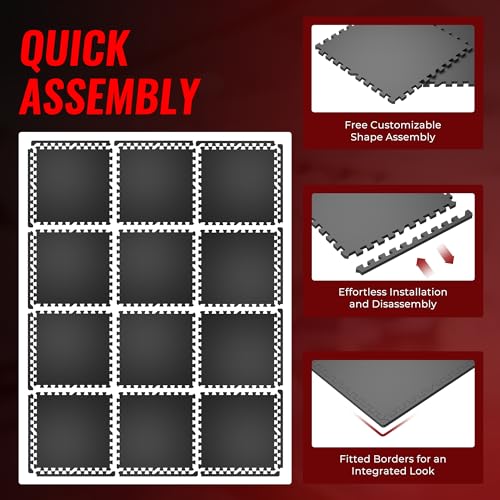 24 Pcs Interlocking EVA Foam Gym Mats with Rubber Top, Black A6287
