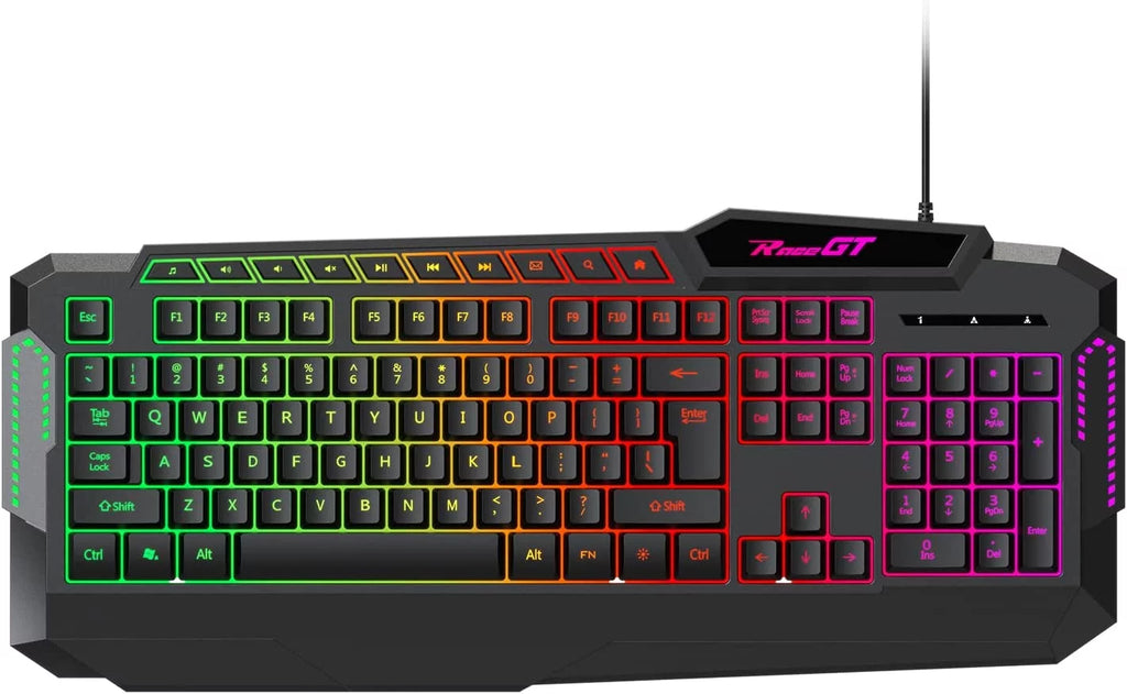 Gaming Keyboard, 114 Keys Full Size Wired Rainbow LED Backlit Quiet Computer Keyboard with Wrist Rest, Black R563