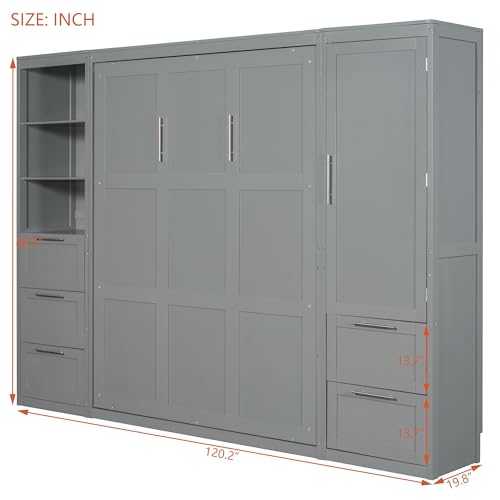Murphy Bed Queen Size with Built-in Shelves, Storage Drawers and Wardrobe, Grey R789846