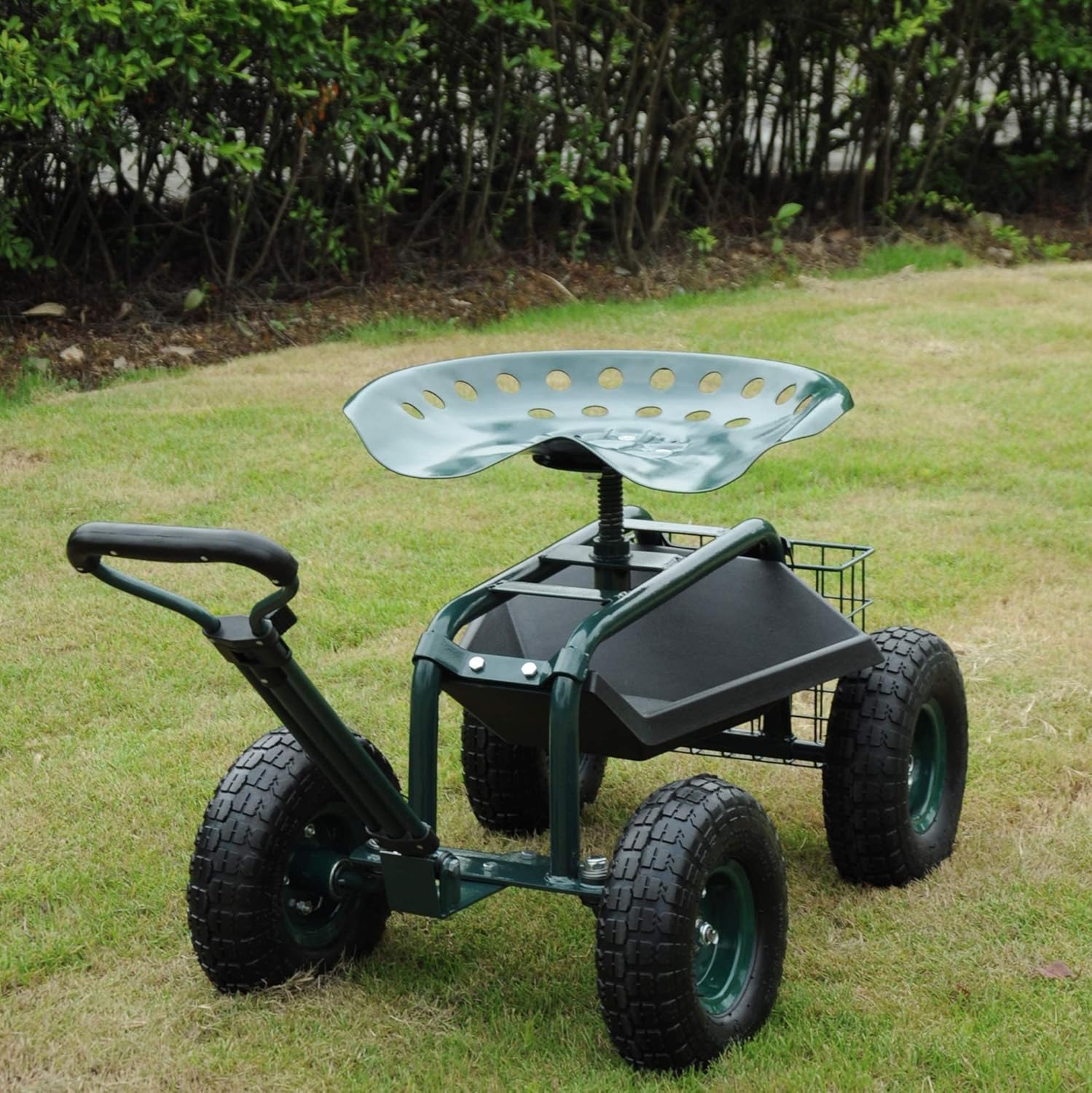 Garden Stool Cart with Tool Tray and Storage Basket on Wheels S436464