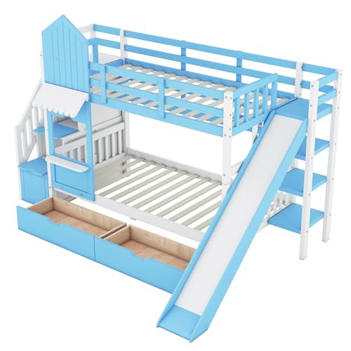 Kids Bunk Bed with Stairs and Slide, Twin Over Twin, Gray E77813