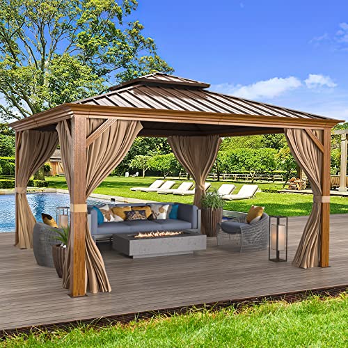 12x16 ft Hardtop Gazebo with Galvanized Steel Roof, Curtains and Netting V821