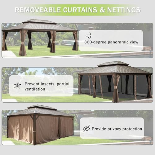 10 x 10 ft Hardtop Gazebo with Netting and Curtains, Galvanized Steel Roof for Patio and Garden X50618