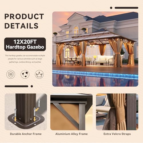 12x16 Hardtop Gazebo with Netting and Curtains, Aluminum Frame, Polycarbonate Roof N71921