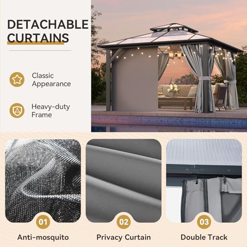 12x16 Hardtop Gazebo with Netting and Curtains, Aluminum Frame, Polycarbonate Roof N71921