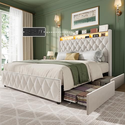 GarveeHome Queen Bed Frame with 50.8" Tall Headboard, Platform Velvet Upholstered Bed Frame with 4 Storage Drawers, USB Charging Station, Led Lights, No Box Spring Needed, Easy Assembly, Beige