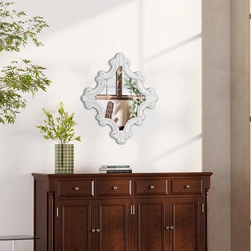 Distressed White Carved Wood Wall Mirror, 21x24 Inch, Farmhouse Style Y98281