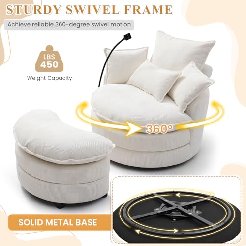Swivel Accent Sofa Chair with Phone Holder & Storage Ottoman, Corduroy, Beige R7636