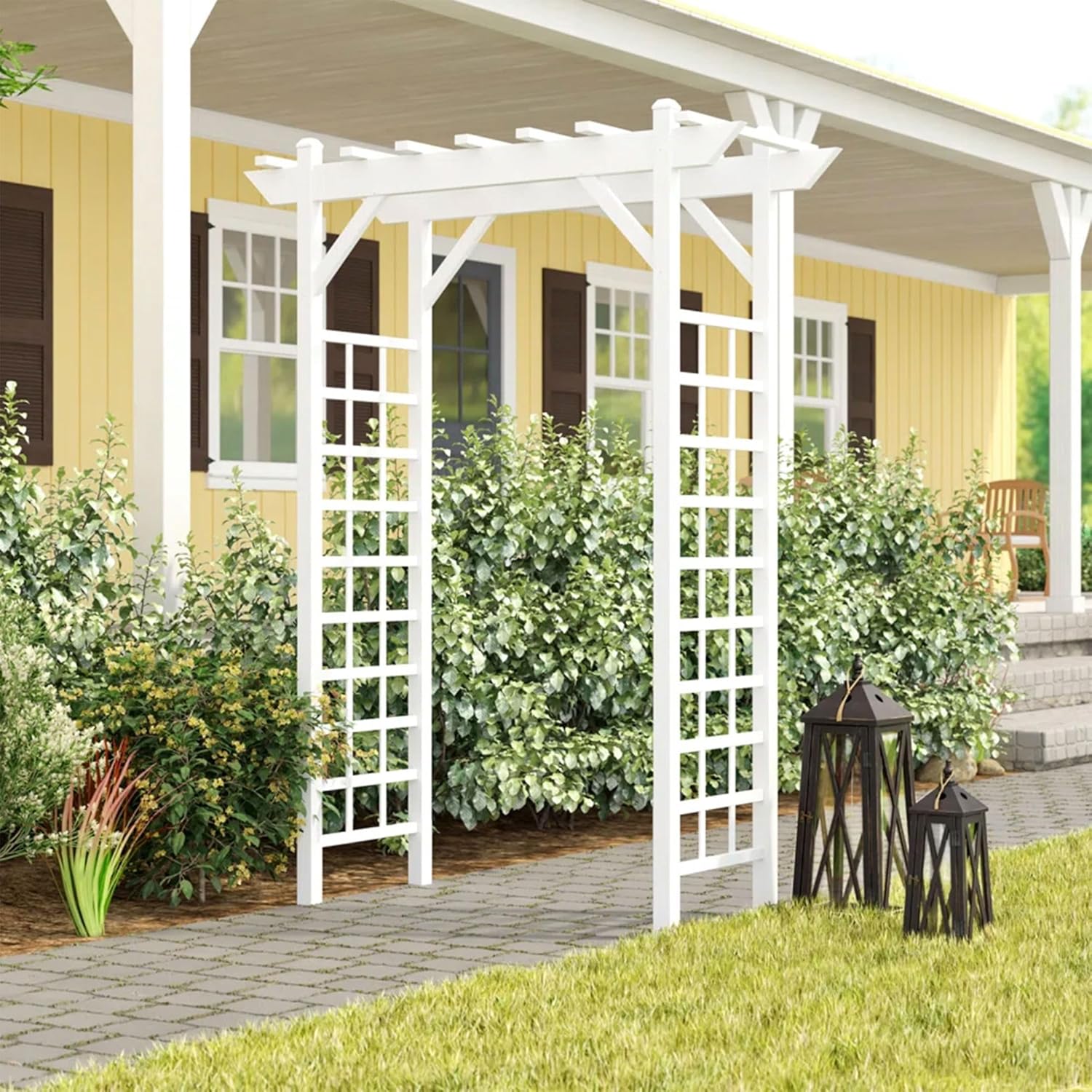 PVC Patio Garden Arch with Lattice Trellis for Climbing Plants, White M80050