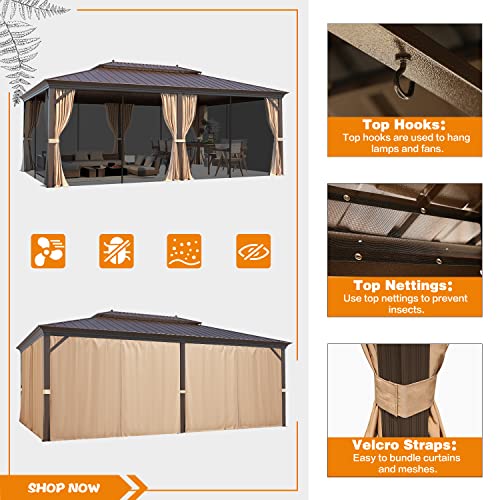 12x16 ft Hardtop Gazebo with Galvanized Steel Roof, Curtains and Netting V821
