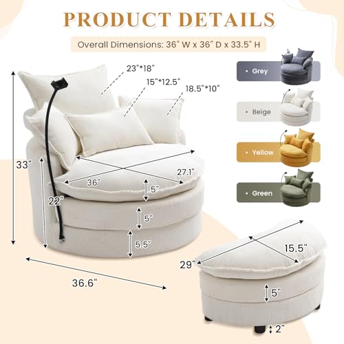 Swivel Accent Sofa Chair with Phone Holder & Storage Ottoman, Corduroy, Beige R7636