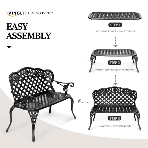 Antique Cast Aluminum Outdoor Bench for 2-3 People, Black C455