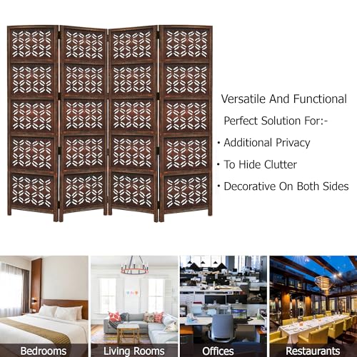 4 Panel Folding Wood Room Divider, Antique Brown, 72 x 80 L396608