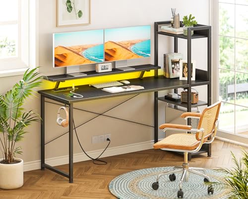 Reversible Gaming Desk with USB Charging Port and LED Lights, 40 Inch Computer Desk with Storage Shelves C134