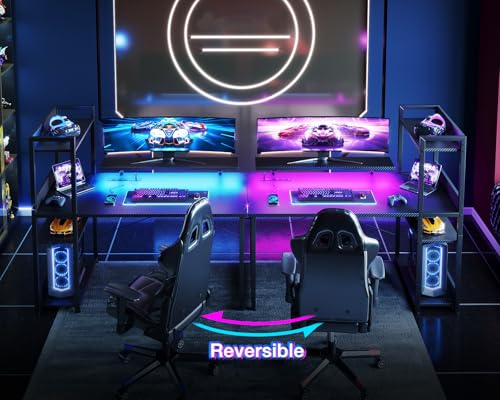 Reversible Gaming Desk with USB Charging Port and LED Lights, 40 Inch Computer Desk with Storage Shelves C134