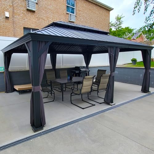 10' x 14' Permanent Hardtop Gazebo with Galvanized Steel Double Roof, Curtains and Netting Included M96664