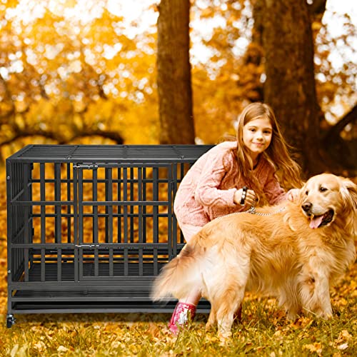 Heavy Duty Dog Kennel Crate with Metal Frame, Double Doors and Lockable Wheels, 48 Inch D891