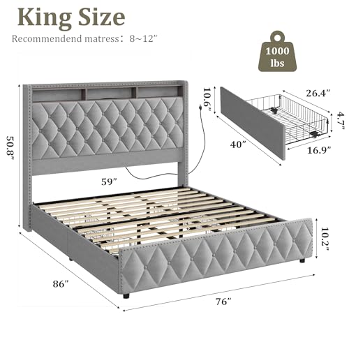 Queen Bed Frame with Tall Headboard, Velvet Upholstered, 4 Storage Drawers U913671