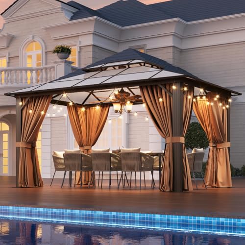 12x16 Hardtop Gazebo with Netting and Curtains, Aluminum Frame, Polycarbonate Roof N71921